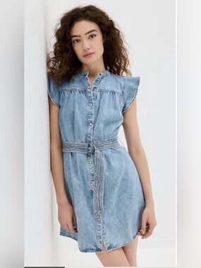 RAILS LETTA BELTED FLUTTER SLEEVE DENIM DRESS FADED INDIGO SIZE XS